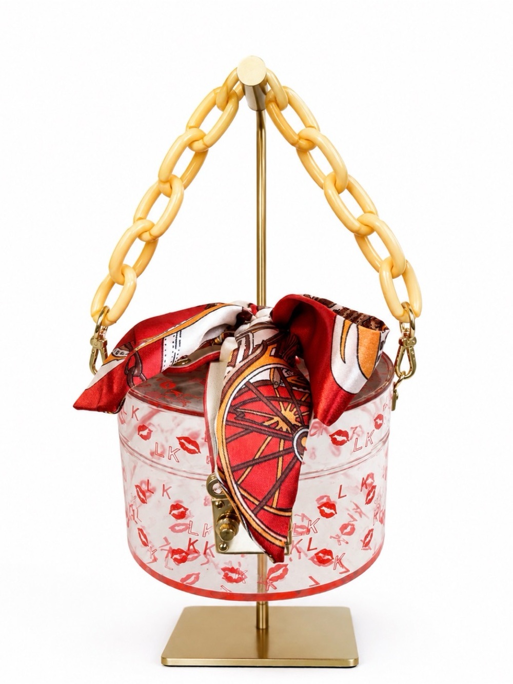 Red Kiss-Print Clear Bucket Bag with Scarf Accent